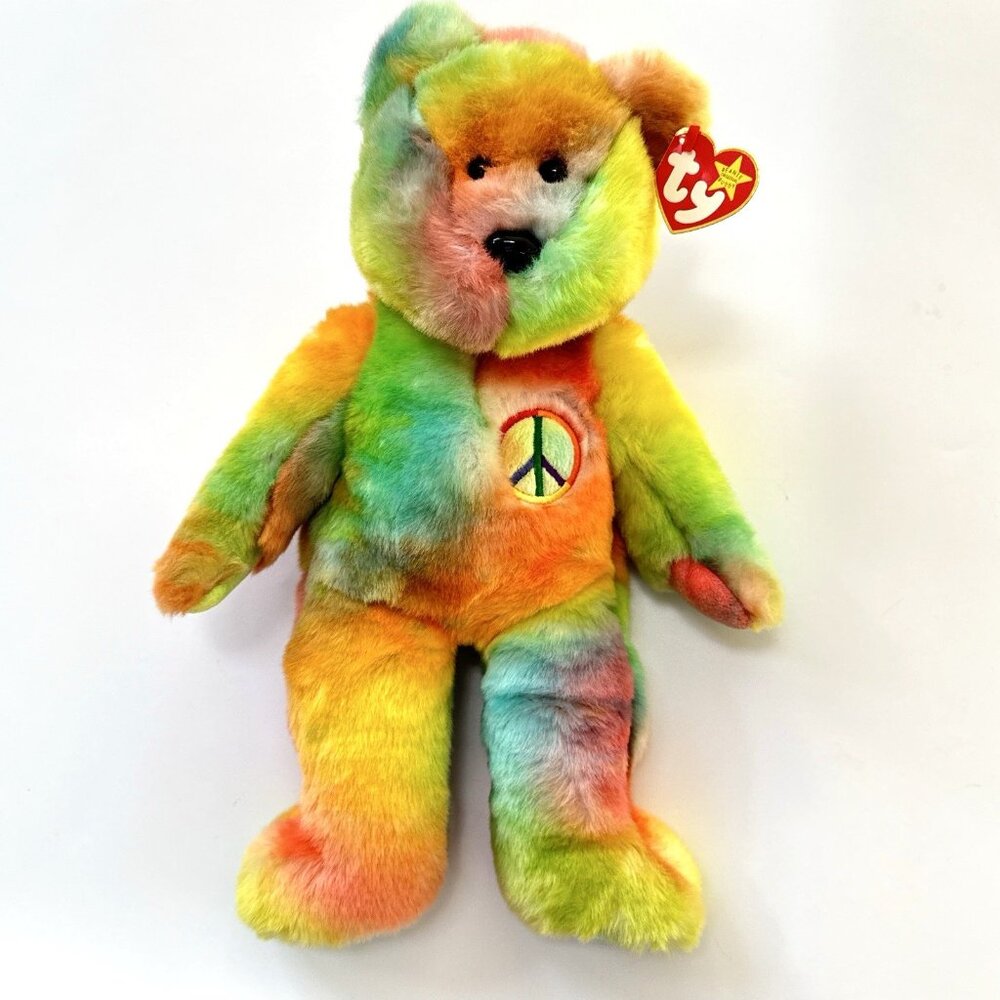 Peace Teddy Bear Tie Dye 1999 Embroidered Emblem 14" Vtg TY Beanie Buddy - Picture 4 of 9